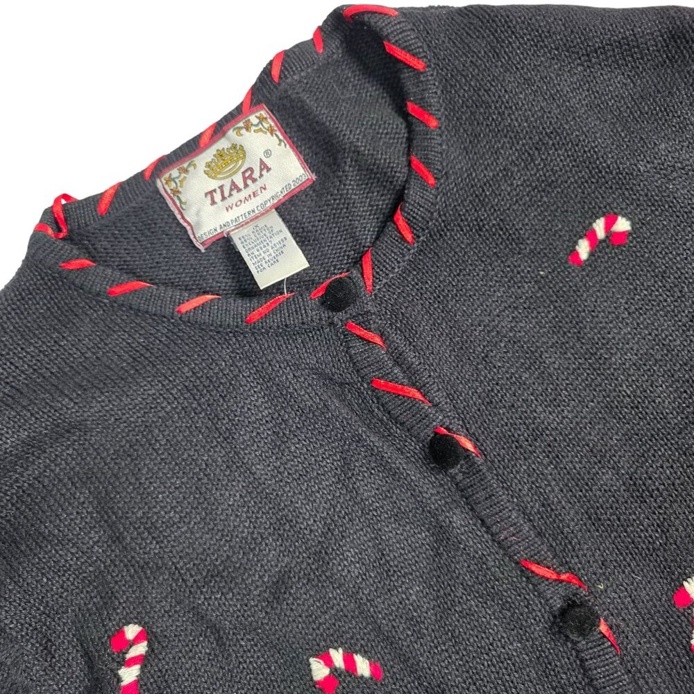 Vintage Tiara Womens Christmas Cardigan Sweater Santa & Candy Cane Embroidery, 1